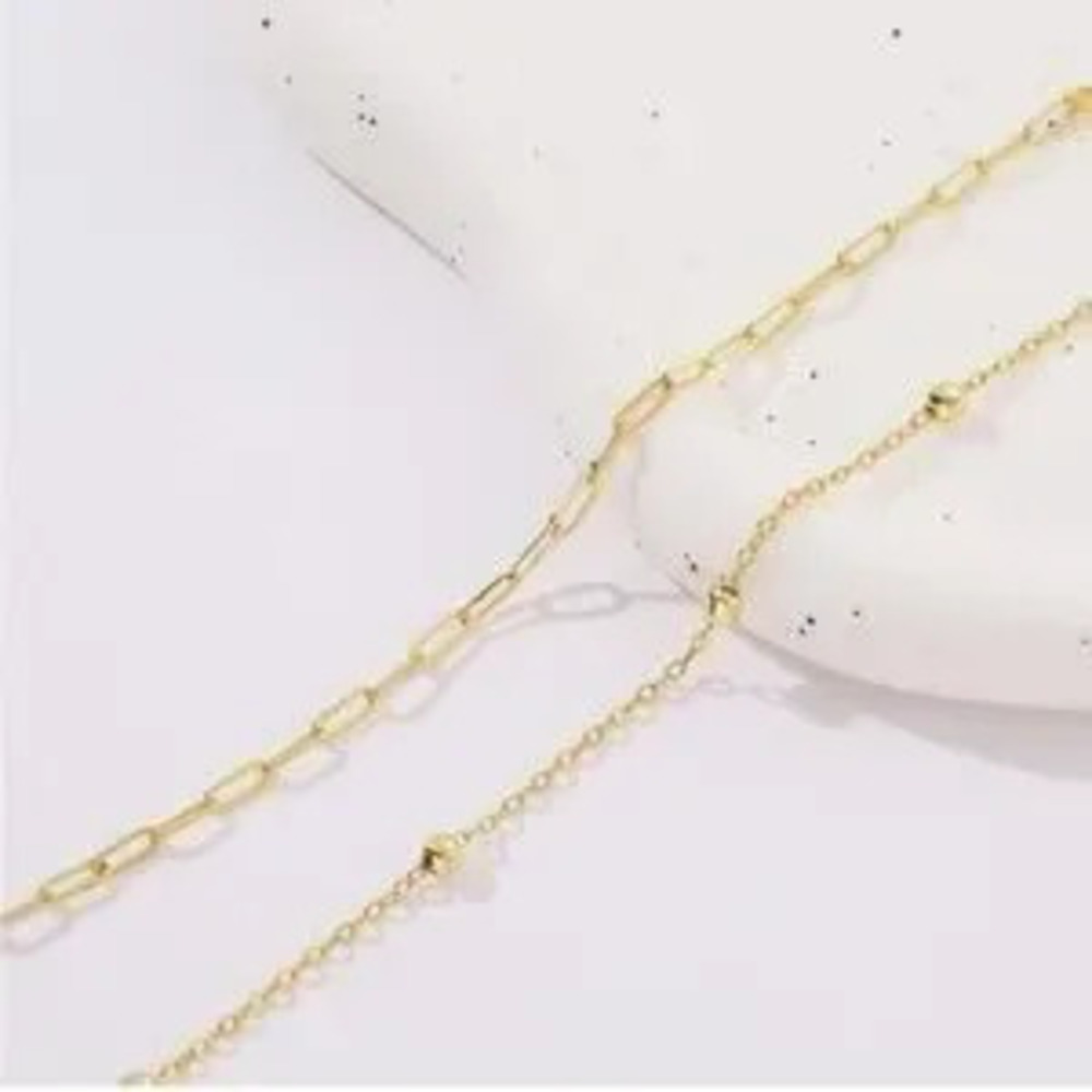 GOLD 14k Gold Plated 2pc PaperClip Beaded Bracelet Set